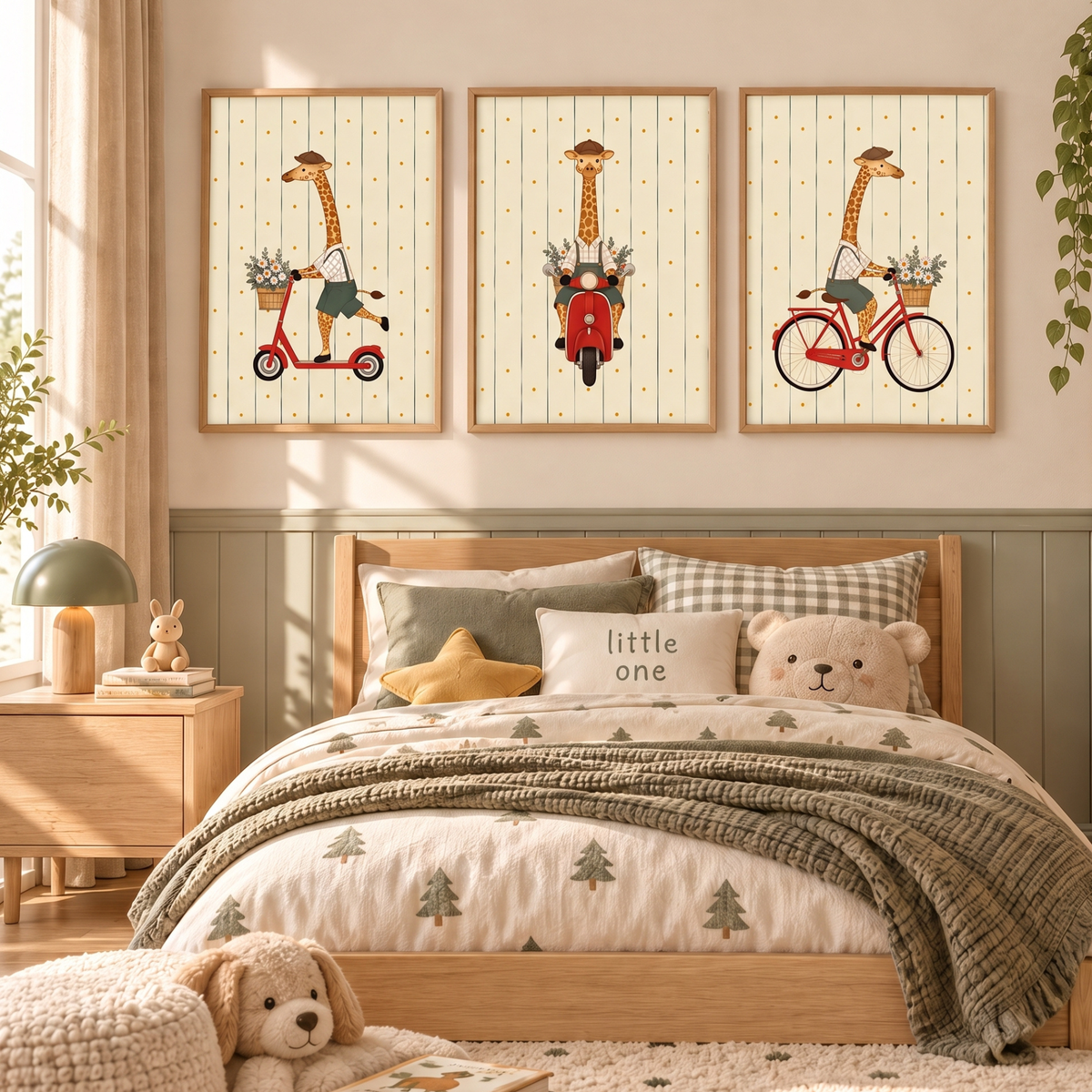Giraffe nursery set above a kids bed