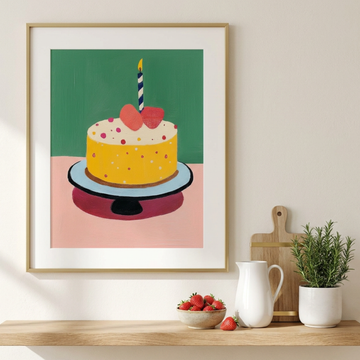 Vibrant Birthday Cake Wall Art, Heart Shaped Decoration on Elegant Black Stand. High Resolution Digital Download 300 DPI