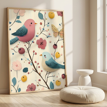 Pastel Paradise, Enchanting Birds and Butterfly Amidst Delicate Floral Harmony. High Resolution Digital Download 300 DPI