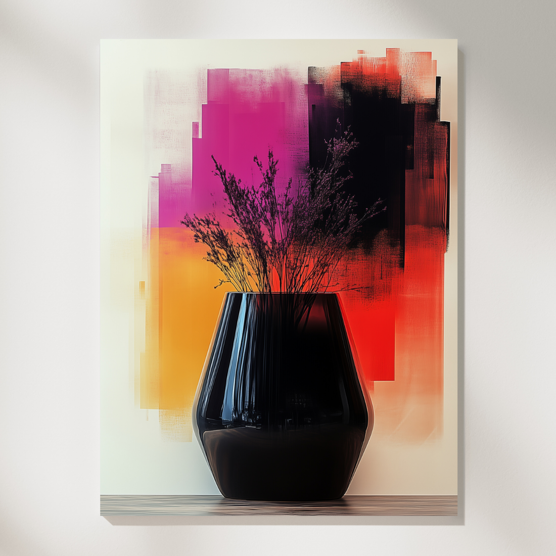 Elegant Dried Floral Arrangement, Black Vase Meets Vibrant Abstract Background. High Resolution Digital Download 300 DPI