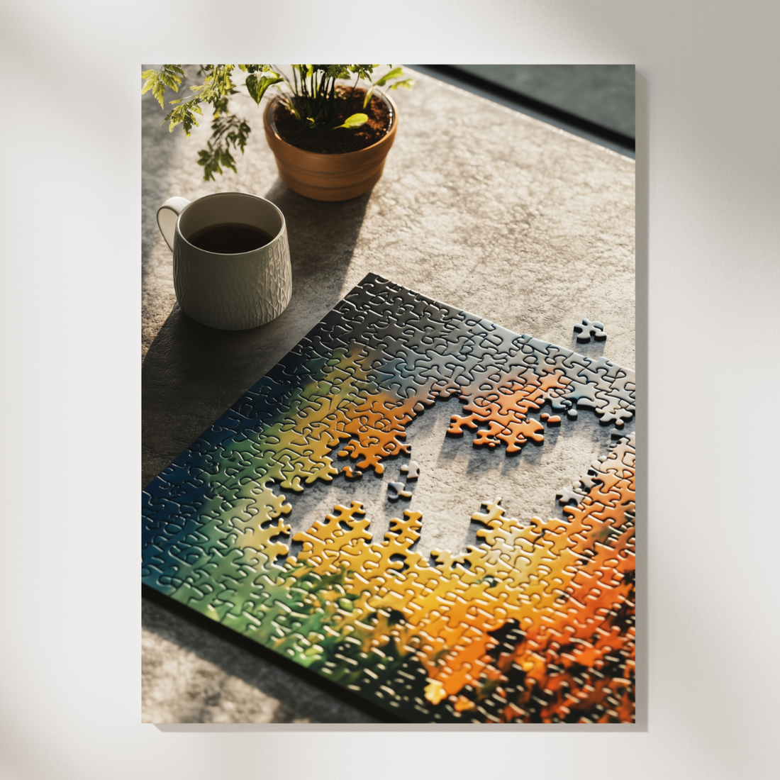 Modern Puzzle Close Up Wall Art, Stylish Urban Coffee Scene Decor. High Resolution Digital Download 300 DPI.
