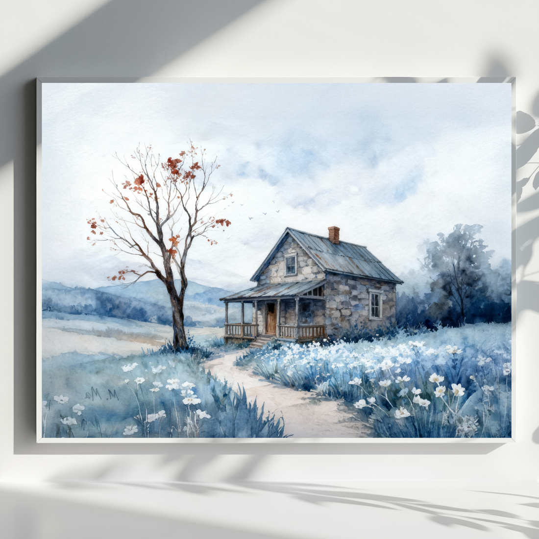 Peaceful Countryside Cottage Watercolor Art with Soft Blue Floral Accents. High Resolution Digital Download 300 DPI.