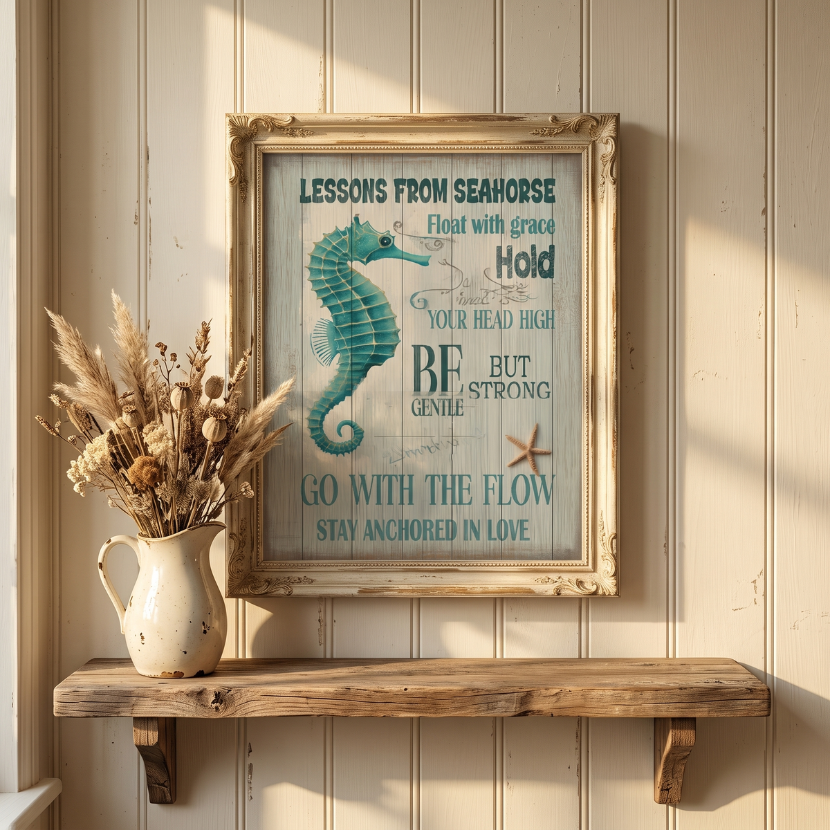 Seahorse art above a wooden shelf with pampas