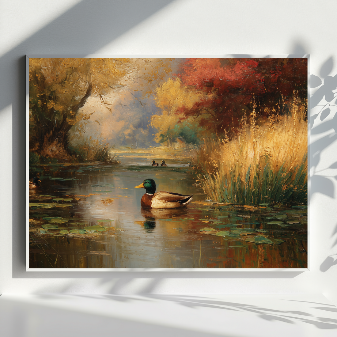 Vibrant Waterfowl Scene Rustic Nature Oil Painting Wall Art. High Resolution Digital Download 300 DPI.