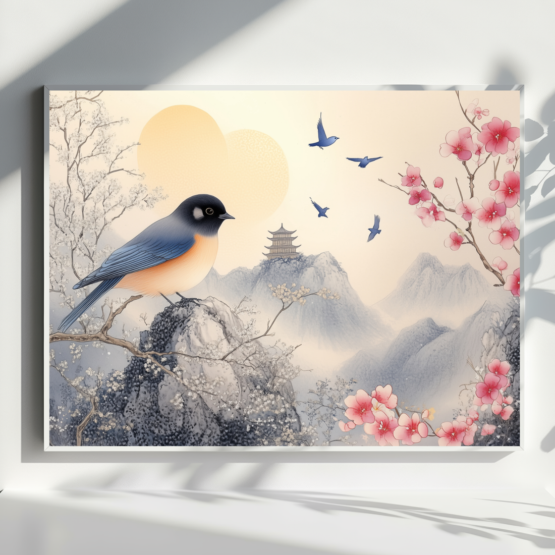 Avian Paradise, Elegant Bird Amidst Vibrant Flora and Soaring Companions. High Resolution Digital Download 300 DPI