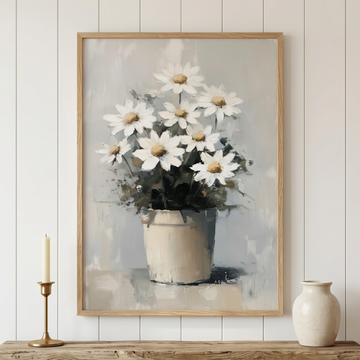 Abstract Daisy Wall Art Beige Pot Neutral Farmhouse Rustic Charm. High Resolution Digital Download 300 DPI.