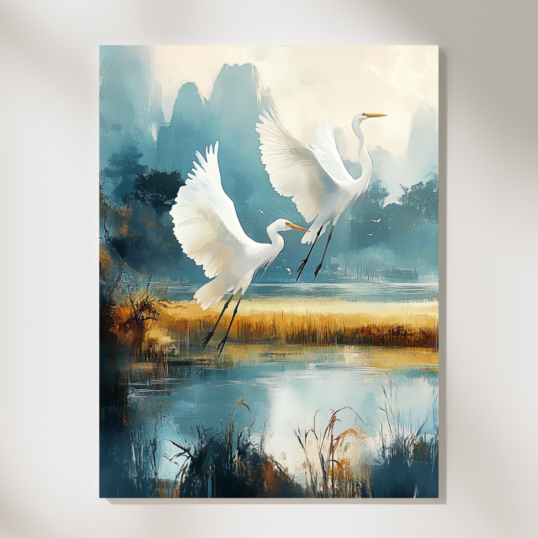 Golden Fields Azure Skies, Egrets Soar Over Serene Coastal Landscape. High Resolution Digital Download 300 DPI