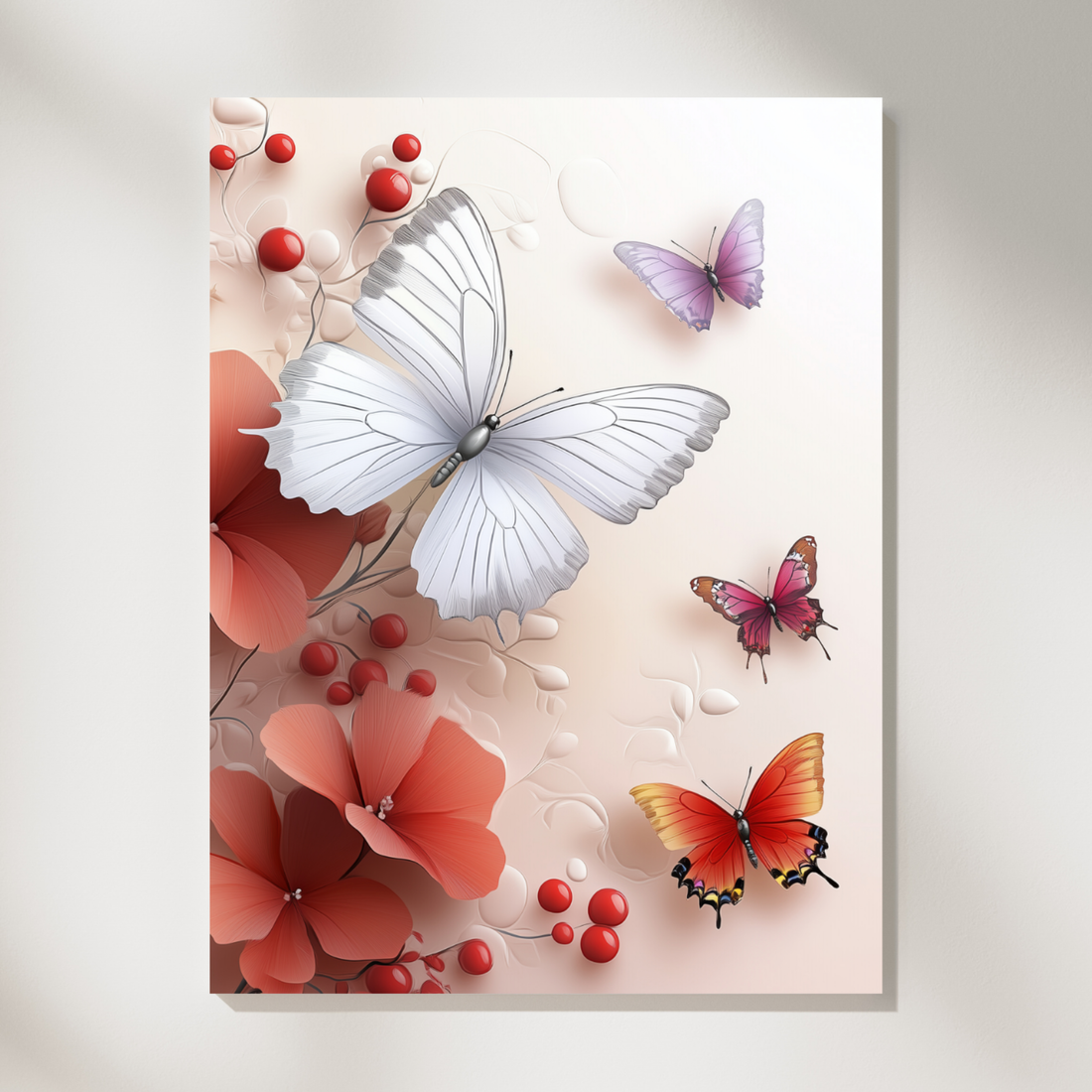 Fluttering Elegance, Vibrant Butterflies Dance Among Soft Red Blooms. High Resolution Digital Download 300 DPI
