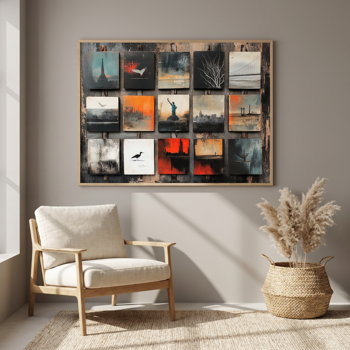 Polaroid collage art above an armchair