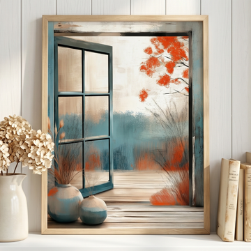 Autumn Window View, Cozy Fall Foliage Landscape Photography Wall Art. High Resolution Digital Download 300 DPI.