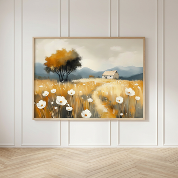 Serene Watercolor Landscape, White Daisies, Lone Tree, and Majestic Mountains. High Resolution Digital Download 300 DPI