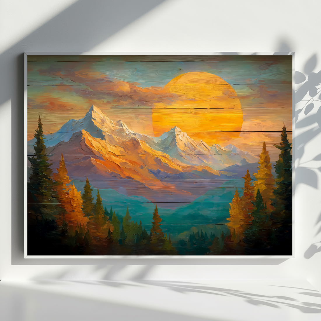 Vintage Mountain Sunset Wall Art with Textured Brush and Wood. High Resolution Digital Download 300 DPI.