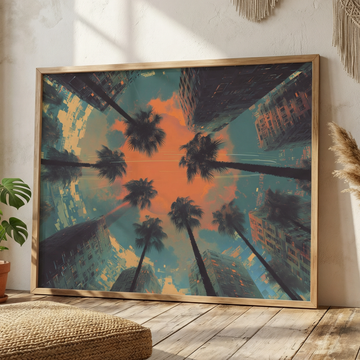 Retro Futuristic Cityscape Art With Glitched Palm Trees And Sunset Sky. High Resolution Digital Download 300 DPI.
