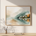 Autumn reflection art above a white console