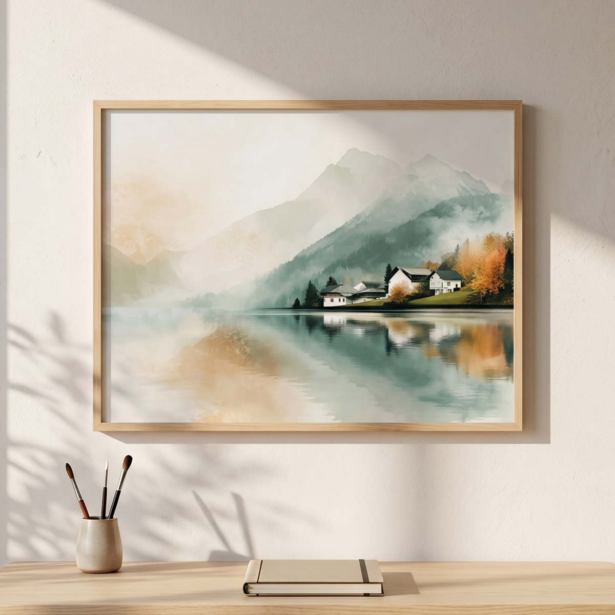 Autumn reflection art above a white console