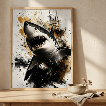Dramatic Ink Art, Great White Shark Attacking Ship with Exaggerated Perspective. High Resolution Digital Download 300 DPI