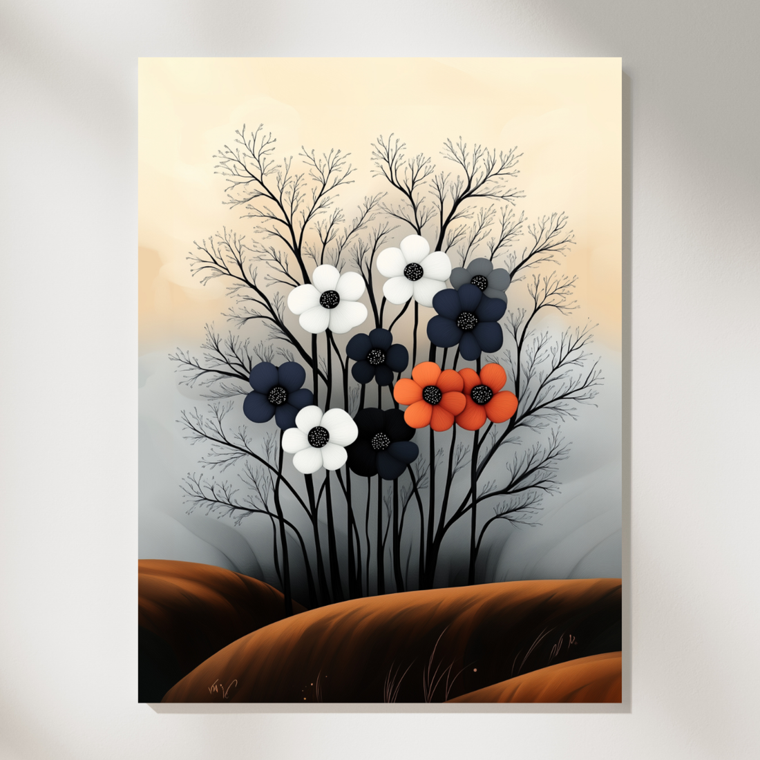 Enchanting Floral Contrast, Colorful Blooms with Black Stems on Warm Backdrop. High Resolution Digital Download 300 DPI