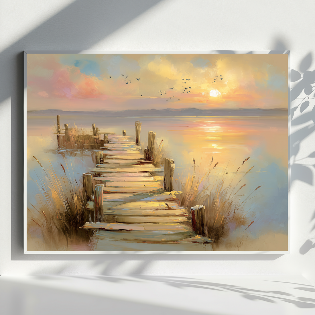 Twilight Lakeside Pier Wall Art with Sunset and Birds. High Resolution Digital Download 300 DPI.