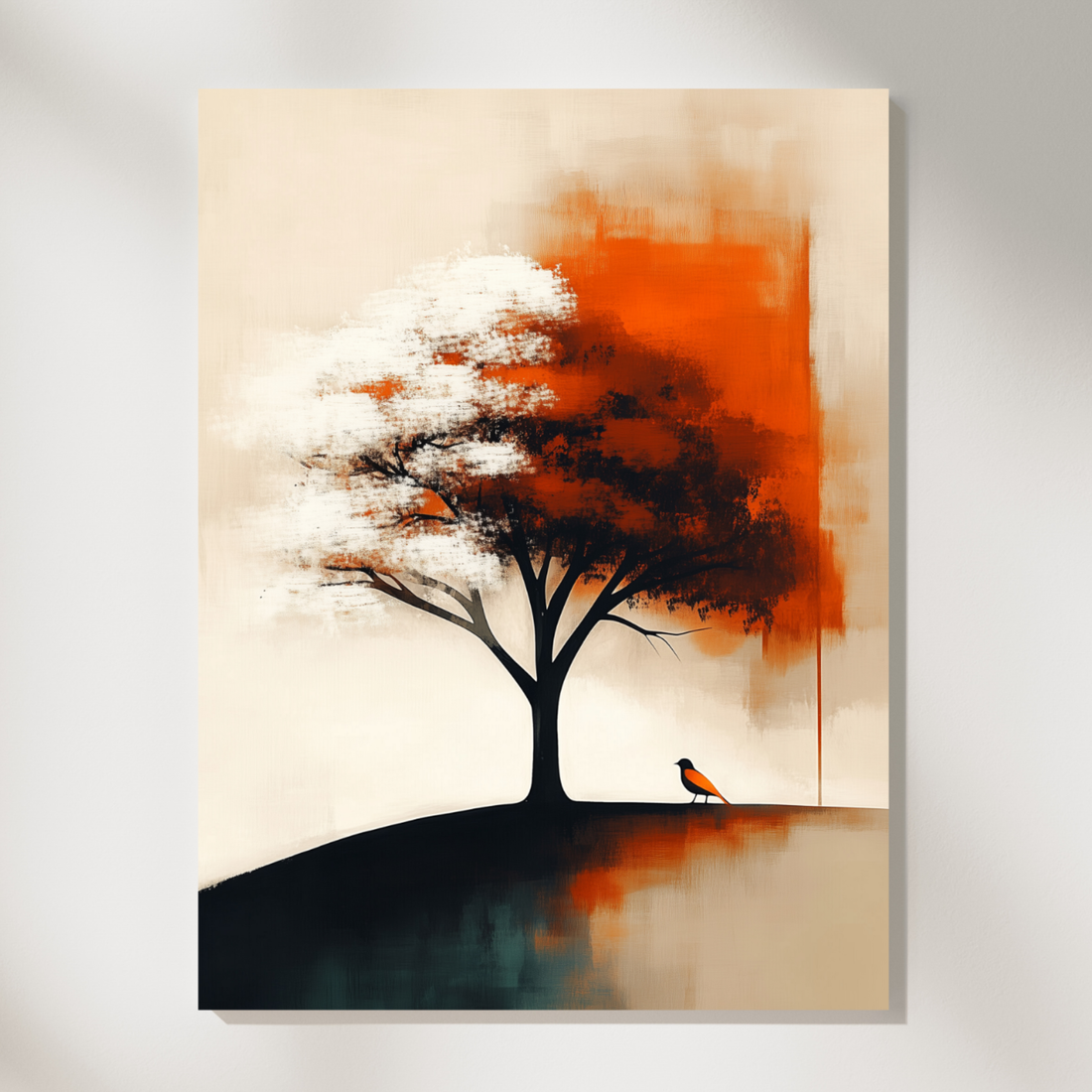 Oil Painting of White Tree with Yellow Bird Elegant Wall Art. High Resolution Digital Download 300 DPI.