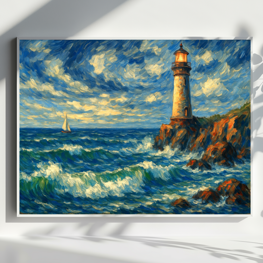 Seaside Beacon Art Nautical Shoreline Sailboat Ocean View. High Resolution Digital Download 300 DPI.