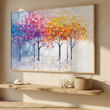 Whimsical Forest Dreams, Vibrant Abstract Trees in Misty Impressionist Landscape. High Resolution Digital Download 300 DPI