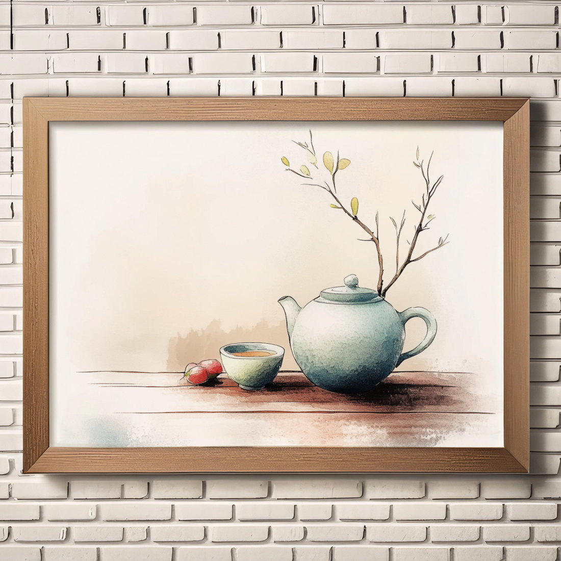 Elegant Tea Ceremony, Watercolor Painting of Green Teapot and Teacup on Wooden Table. High Resolution Digital Download 300 DPI