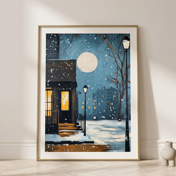 Moonlit Winter Night, Illuminated City Building Snowy Scene Wall Art. High Resolution Digital Download 300 DPI.