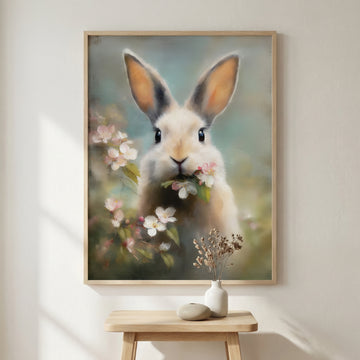 Charming Bunny Portrait with Blossoms Surrounded by Vibrant Garden Greenery. High Resolution Digital Download 300 DPI.