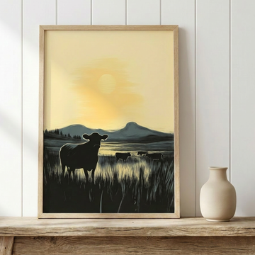 Sunset Silhouettes, Minimalist Western Line Art of Roaming Cattle. High Resolution Digital Download 300 DPI