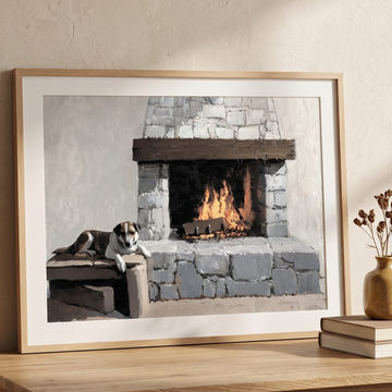 Dog by Fireplace Wall Art Ancient Home Cozy Oil Painting Scene. High Resolution Digital Download 300 DPI.