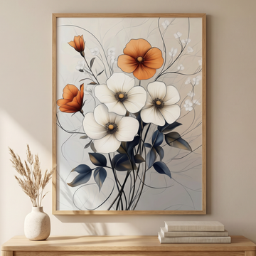 Vintage Botanical Elegance, White and Orange Floral Art for Timeless Decor. High Resolution Digital Download 300 DPI