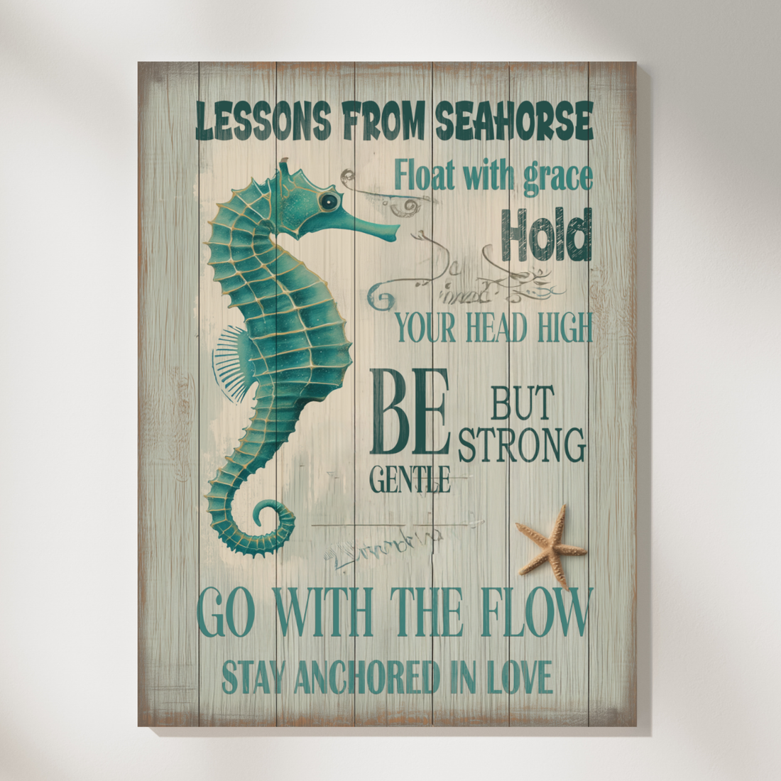 Colorful Rustic Seahorse Typography Art Wall Decor for Coastal Homes. High Resolution Digital Download 300 DPI.