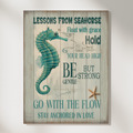 Close-up of the rustic seahorse typography print