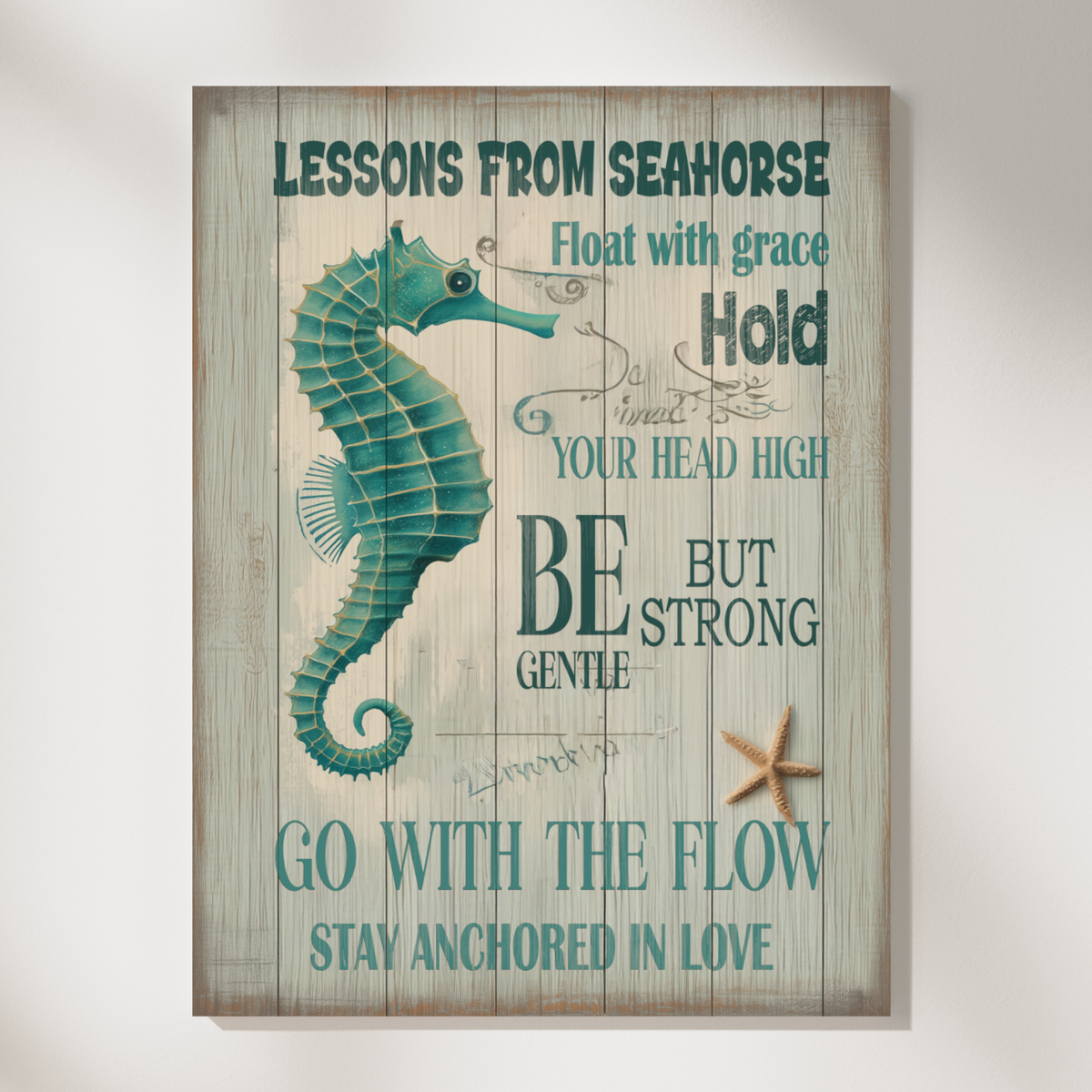 Close-up of the rustic seahorse typography print