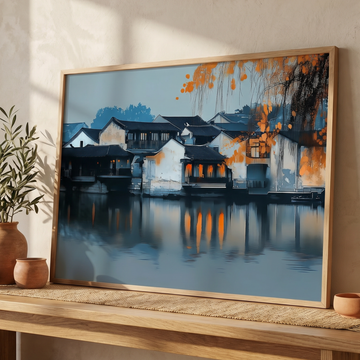 Timeless Water Town, Ancient Canals and Bridges Landscape Art Print. High Resolution Digital Download 300 DPI.