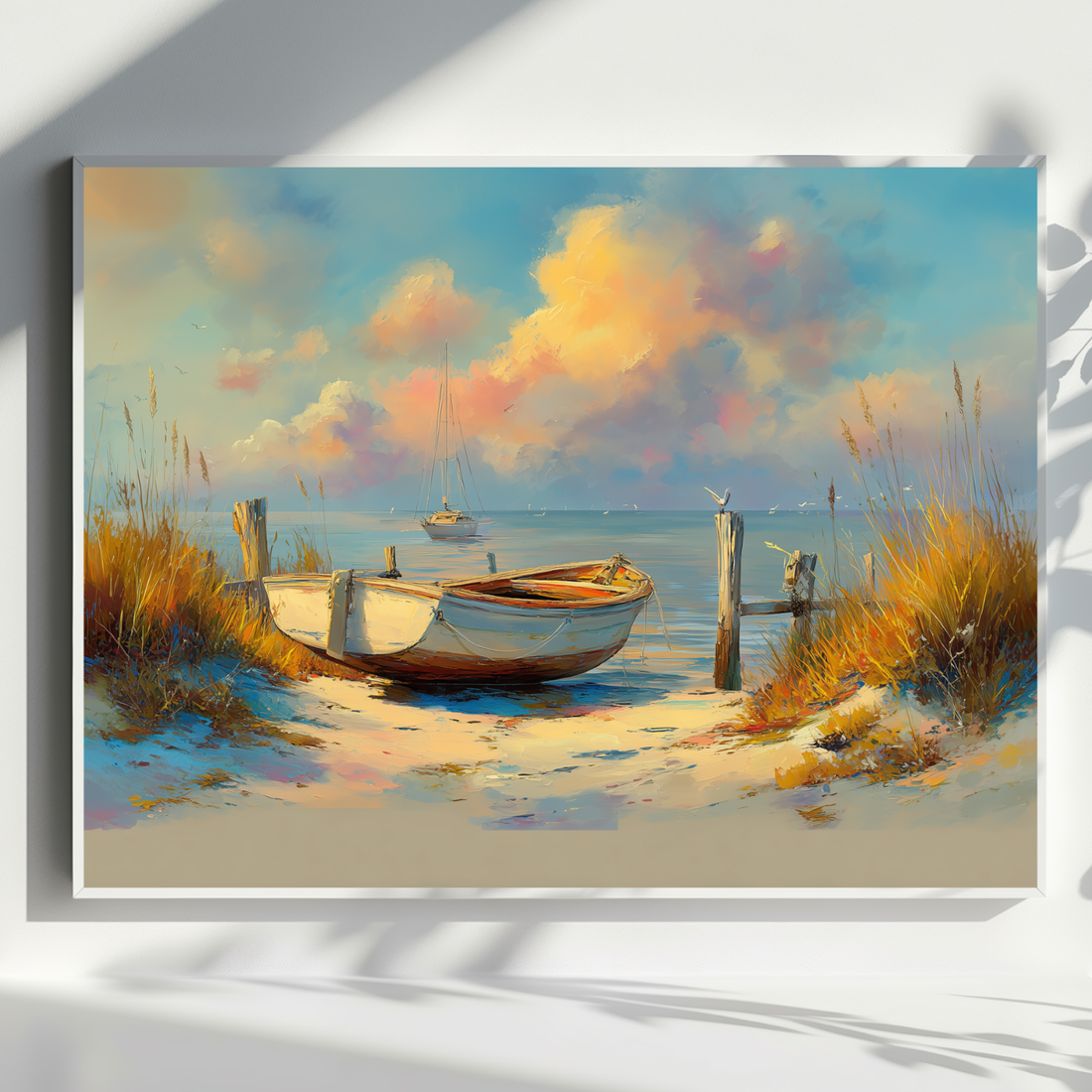 Golden Sunrise Coastal Wall Art Tranquil Boat Beach Landscape Painting. High Resolution Digital Download 300 DPI.