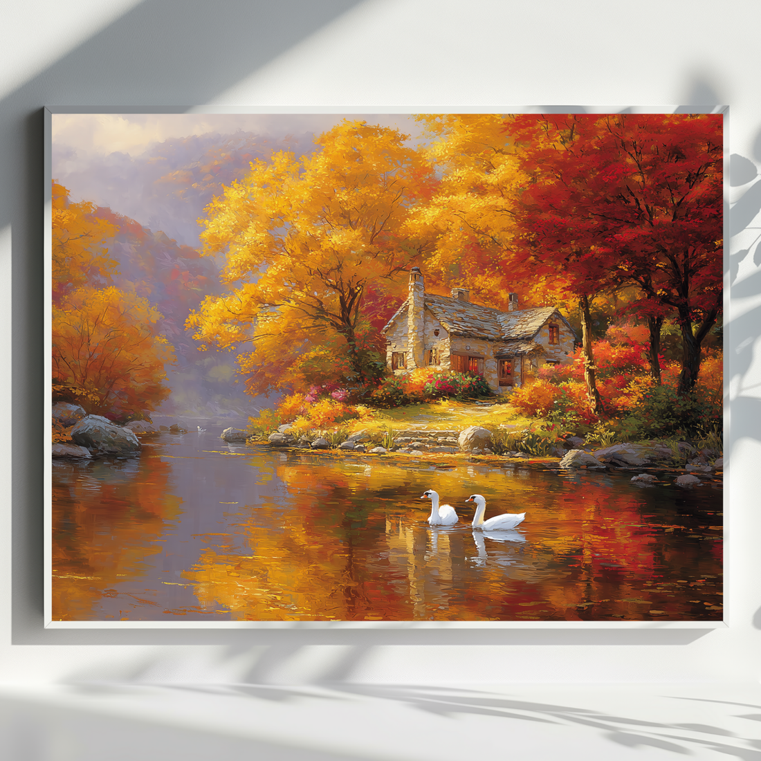 Medieval Riverside Cottage with Swans and Autumn Landscape Oil Artwork. High Resolution Digital Download 300 DPI.