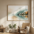 Mirror lake print above a wooden desk
