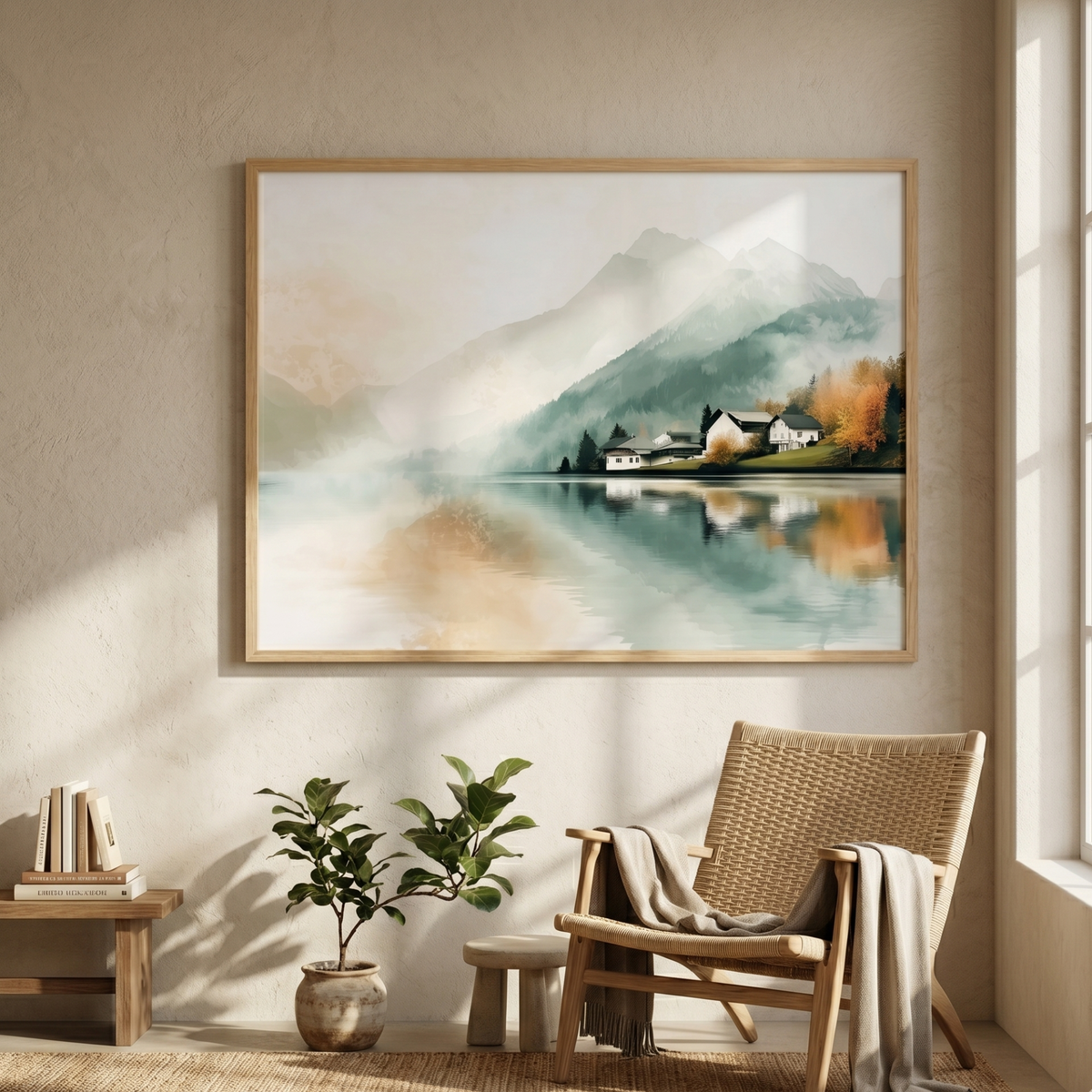 Mirror lake print above a wooden desk