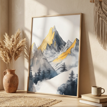 Alpine Majesty, Snowy Peaks and Sun Light Reflection in Cloudy Mountain Landscape. High Resolution Digital Download 300 DPI