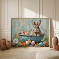Easter bunny art above a white console