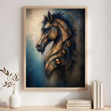 Golden Geometric Horse Steampunk Oil Painting Dark Blue Eyes Art. High Resolution Digital Download 300 DPI.