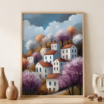Charming Spring Village Cottages Wall Art Starry Night Landscape. High Resolution Digital Download 300 DPI.