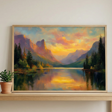 Golden Sunset Reflection Landscape Wall Art with Mountains and Forest. High Resolution Digital Download 300 DPI