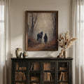 Witch and black horse art above a dark bookcase
