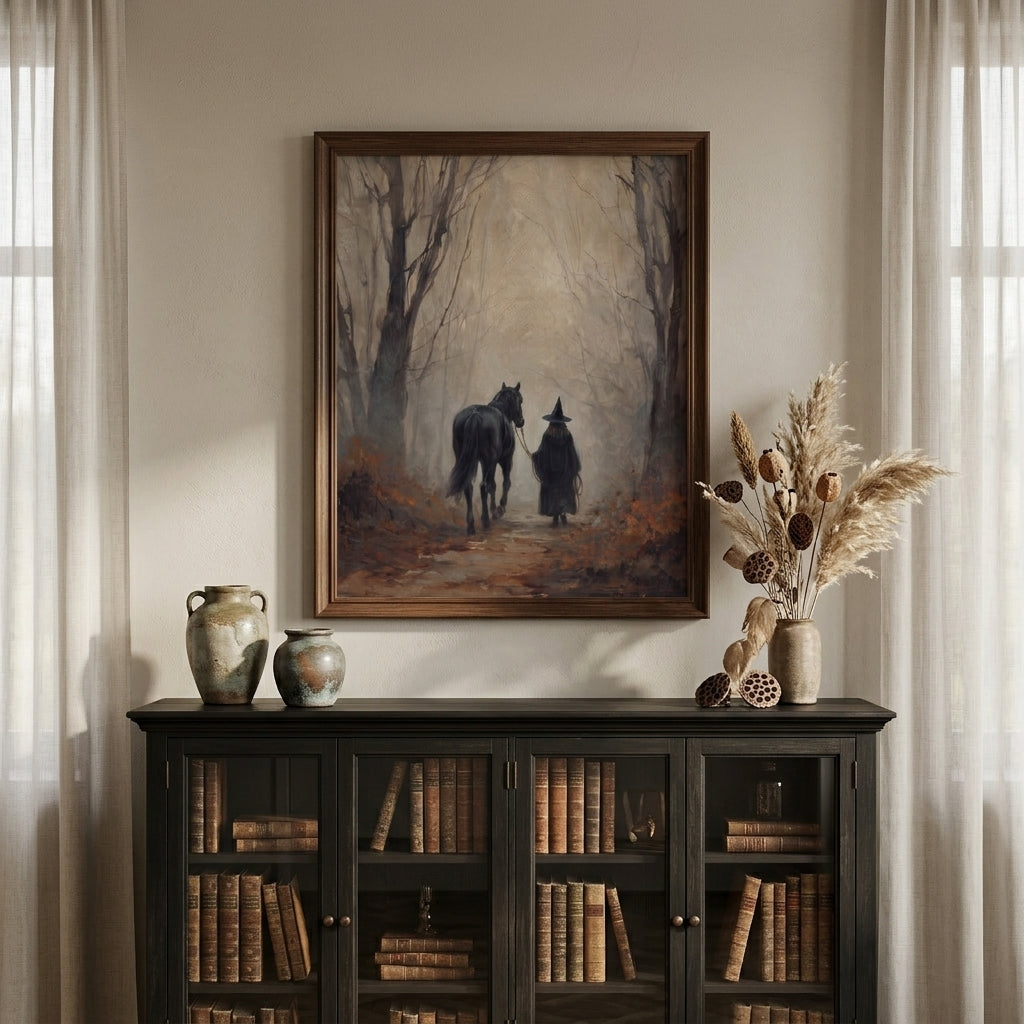 Witch and black horse art above a dark bookcase
