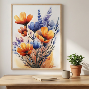 Wild Bloom Symphony, Vibrant Orange and Blue Flowers in Pure Elegance. High Resolution Digital Download 300 DPI