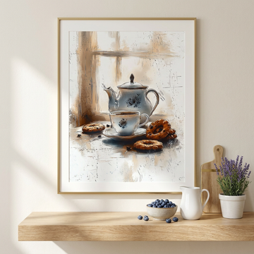 Vintage Elegance, Floral Teapot and Pastries by Sunlit Window. High Resolution Digital Download 300 DPI