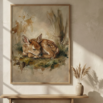Sleeping Baby Deer Fawn Vintage Nursery Farmhouse Woodland Wall Art. High Resolution Digital Download 300 DPI.