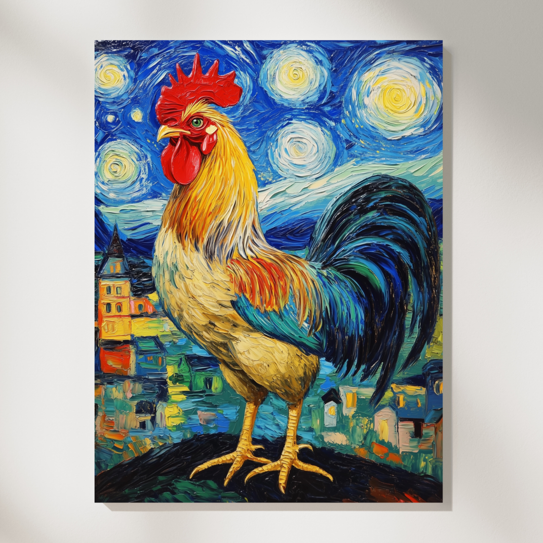 Starry Night Rooster Oil Painting, French Village Wall Art. High Resolution Digital Download 300 DPI.